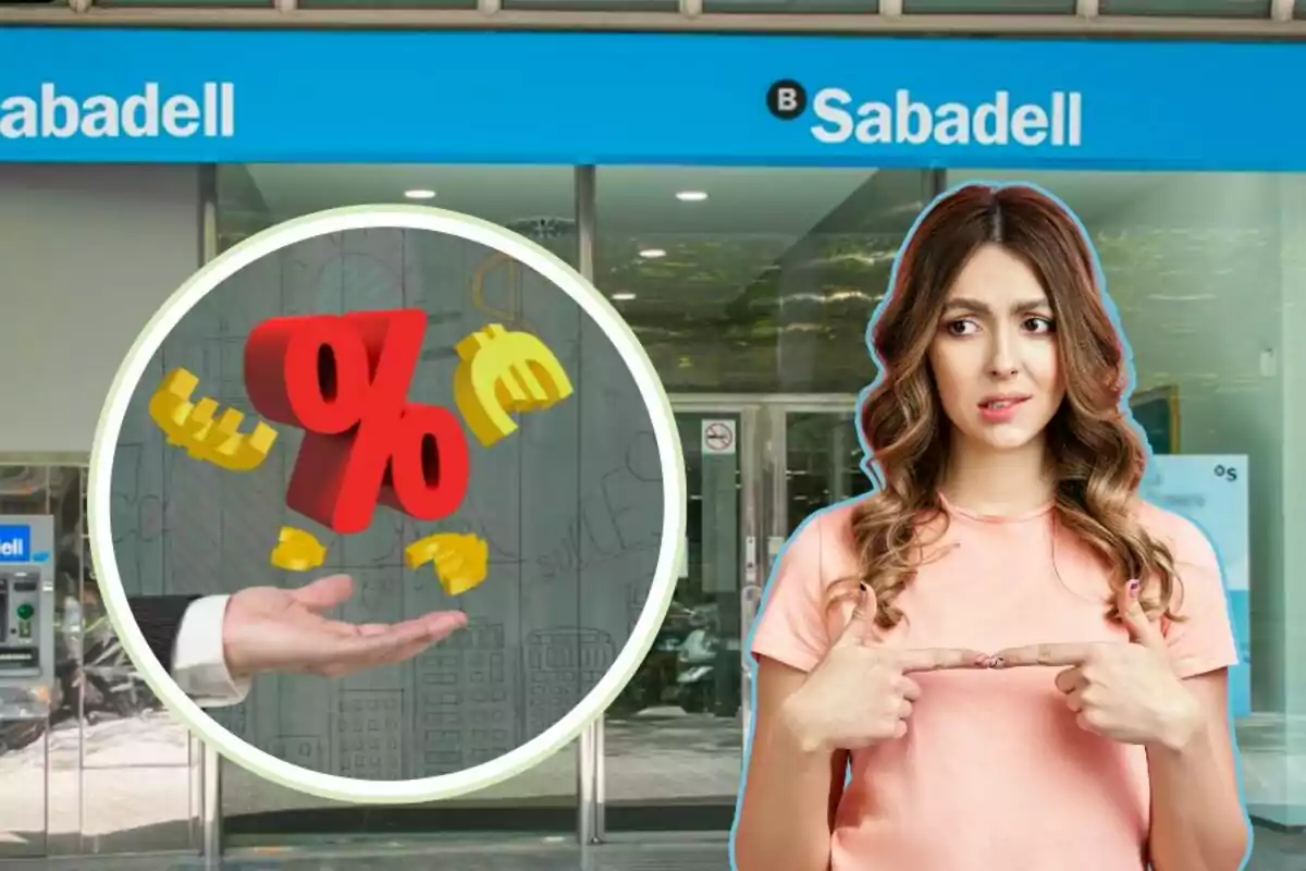 A woman with a worried expression points to a percentage symbol and euro coins floating above a hand, with a branch of Banco Sabadell in the background. A woman with a worried expression points to a percentage symbol and euro coins floating above a hand, with a branch of Banco Sabadell in the background.