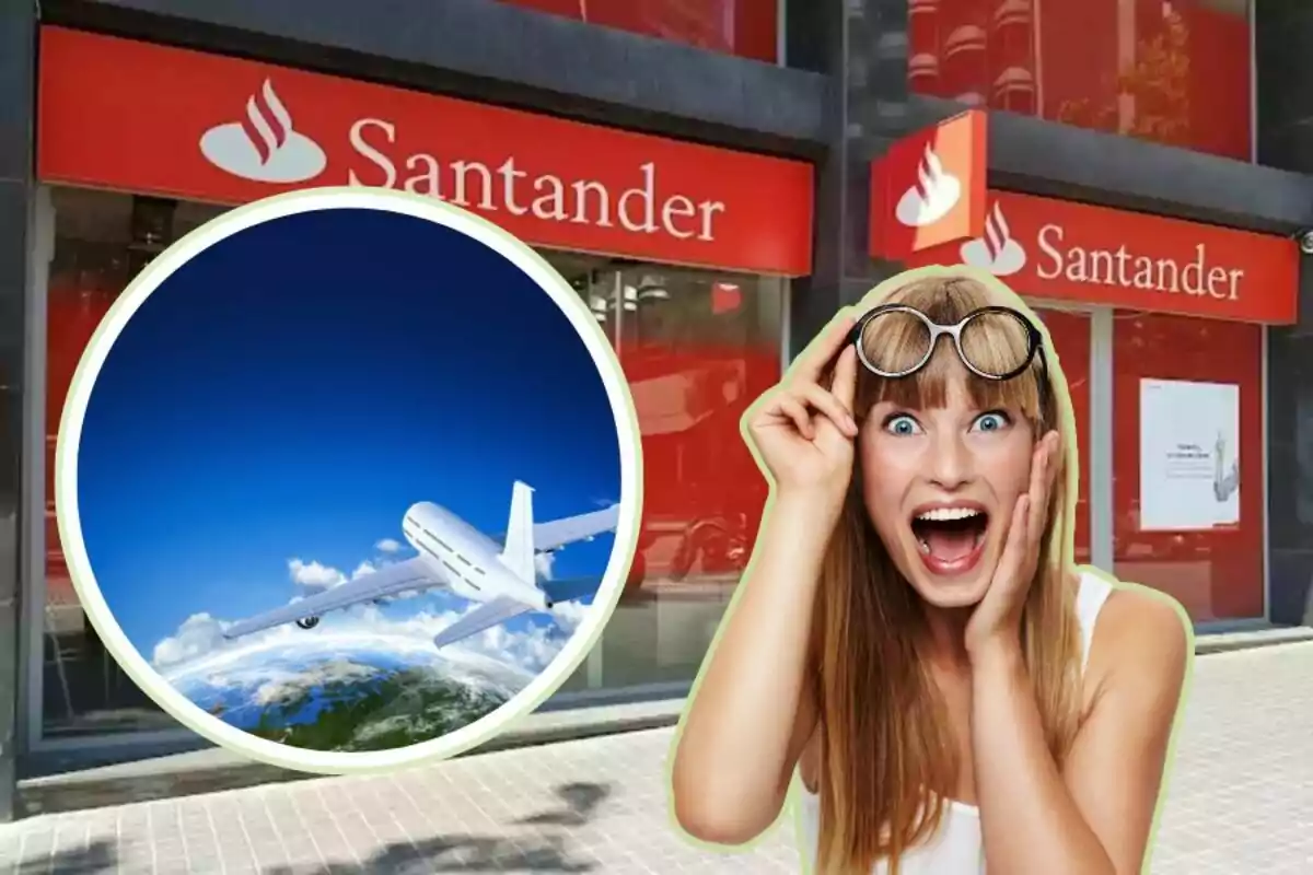 Una mujer emocionada con gafas en la cabeza frente a una sucursal de Santander y un avión volando sobre la Tierra. Una mujer emocionada con gafas en la cabeza frente a una sucursal de Santander y un avión volando sobre la Tierra.