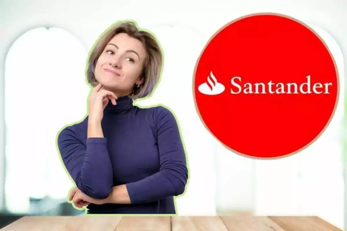 Una mujer con suéter azul oscuro y expresión pensativa está de pie junto a un logotipo rojo de Santander en un entorno interior iluminado. Una mujer con suéter azul oscuro y expresión pensativa está de pie junto a un logotipo rojo de Santander en un entorno interior iluminado.