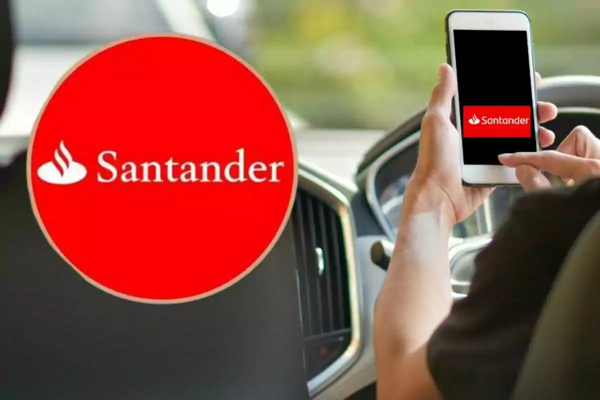 Una persona usando un teléfono móvil con la aplicación de Santander abierta, con el logotipo de Santander en un círculo rojo a la izquierda.