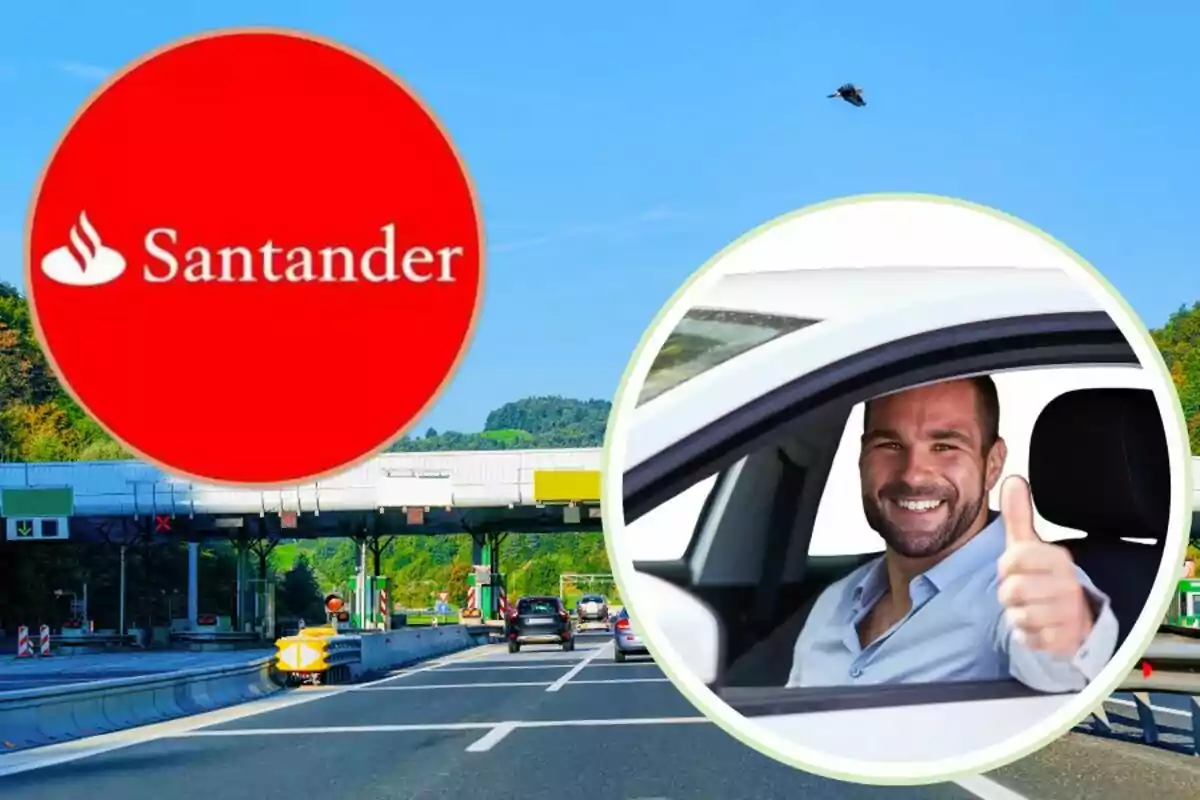 Un hombre sonriente en un automóvil muestra un pulgar hacia arriba, con un logotipo de Santander superpuesto y una imagen de una caseta de peaje en el fondo. Un hombre sonriente en un automóvil muestra un pulgar hacia arriba, con un logotipo de Santander superpuesto y una imagen de una caseta de peaje en el fondo.