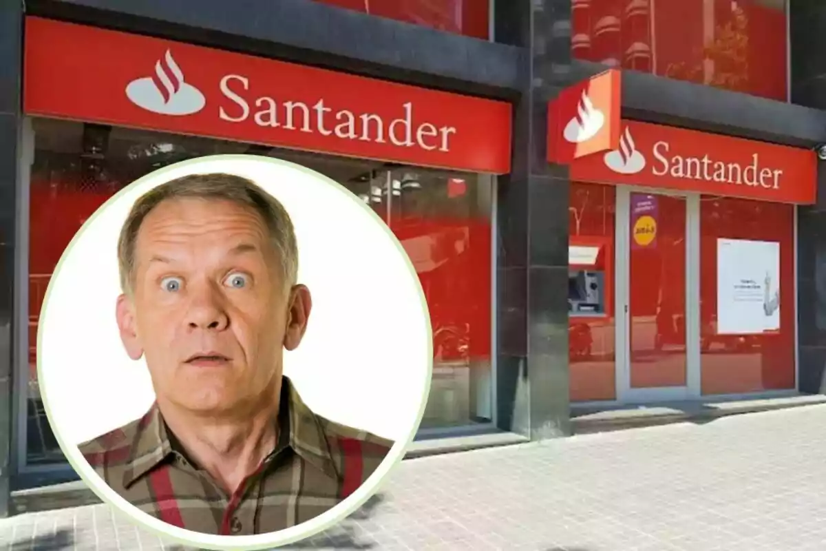 Un hombre con expresión de sorpresa está superpuesto sobre una imagen de una sucursal del banco Santander.