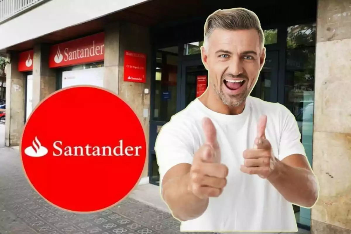 A smiling man in a white T-shirt makes a thumbs-up gesture with both hands in front of a Santander bank branch.