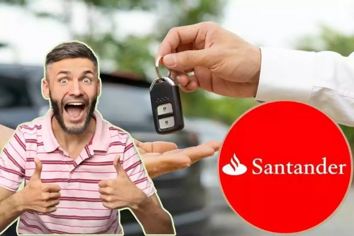 Un hombre con una camiseta de rayas rosadas y blancas muestra entusiasmo con los pulgares hacia arriba mientras una mano le entrega las llaves de un coche, con el logotipo de Santander en la esquina inferior derecha. Un hombre con una camiseta de rayas rosadas y blancas muestra entusiasmo con los pulgares hacia arriba mientras una mano le entrega las llaves de un coche, con el logotipo de Santander en la esquina inferior derecha.