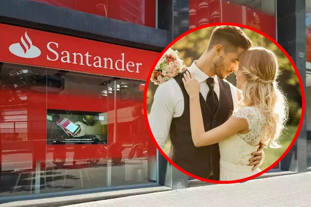 Fachada de una sucursal del banco Santander con una imagen superpuesta de una pareja de novios abrazándose.