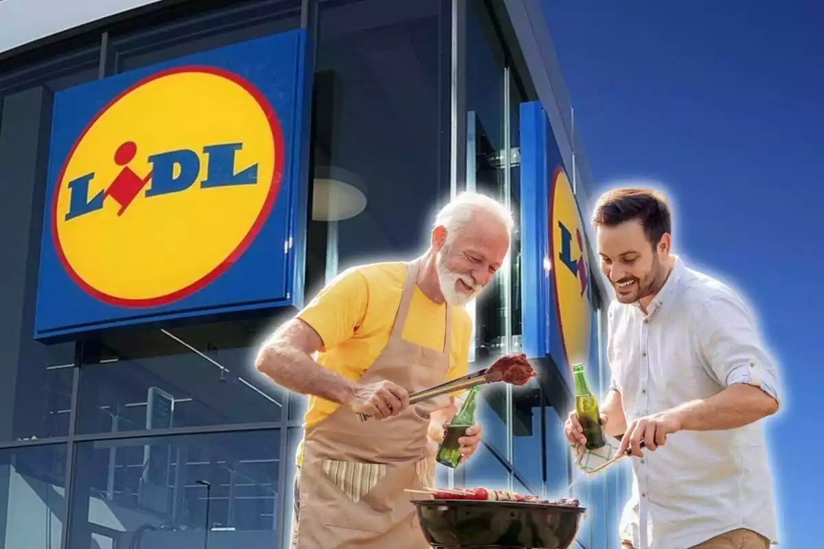 Dos personas haciendo una barbacoa y un supermercado Lidl