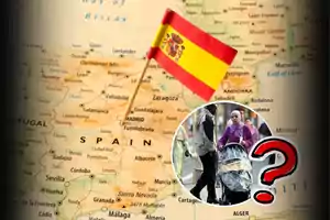 Map of Spain with a flag and a circle showing two people talking next to a baby stroller, joined by a question mark.