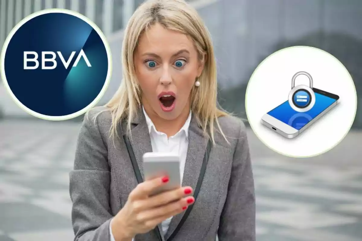 Una mujer con expresión de sorpresa mirando su teléfono móvil, con el logo de BBVA y un icono de seguridad de teléfono móvil en el fondo.