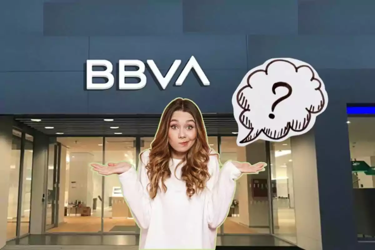 A woman with a doubtful expression and a thought bubble with a question mark in front of a BBVA branch.