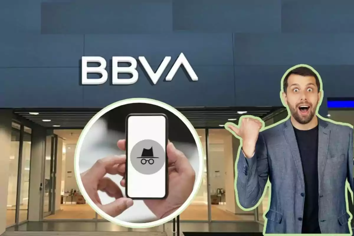 Un hombre sorprendido señala un teléfono con un icono de incógnito frente a una sucursal de BBVA. Un hombre sorprendido señala un teléfono con un icono de incógnito frente a una sucursal de BBVA.
