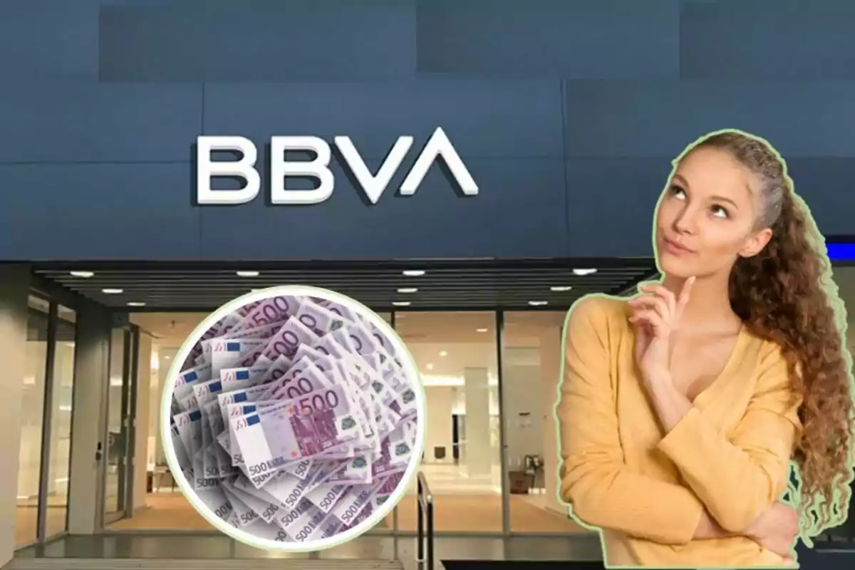 Mujer pensativa frente a una sucursal de BBVA con una imagen de billetes de 500 euros.