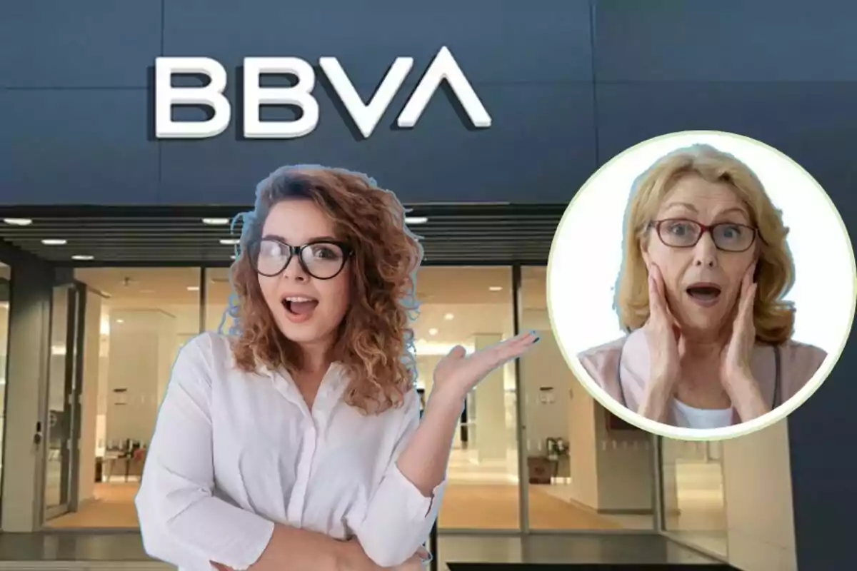 Una mujer joven con gafas y expresión de sorpresa está frente a una sucursal de BBVA, mientras que en un círculo a la derecha se muestra a una mujer mayor con expresión de asombro.