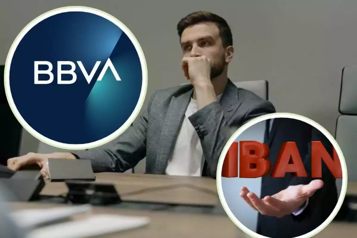 Hombre pensativo en una oficina con los logotipos de BBVA e IBAN superpuestos.