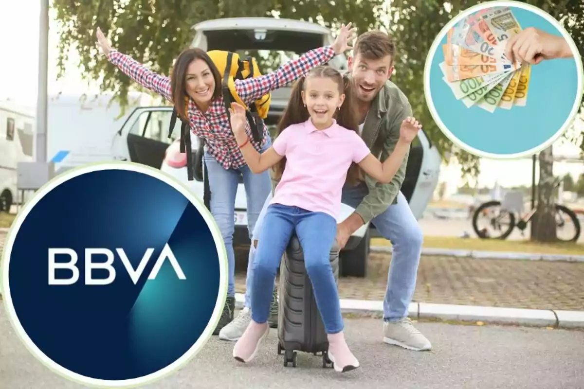 Una familia feliz preparándose para un viaje, con el logo de BBVA y una mano sosteniendo billetes de euro.