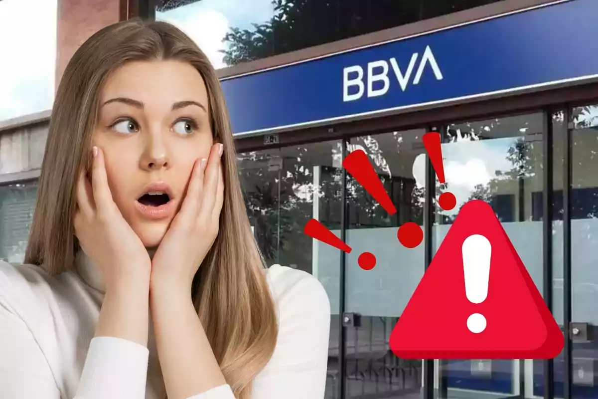 Surprised woman in front of a BBVA branch with a warning icon.