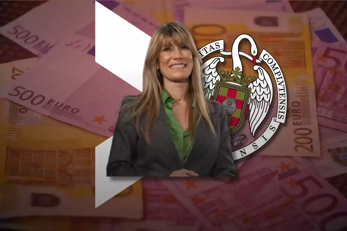 Una mujer sonriente con cabello rubio y una chaqueta gris está frente a un fondo de billetes de euro y el escudo de la Universidad Complutense de Madrid.