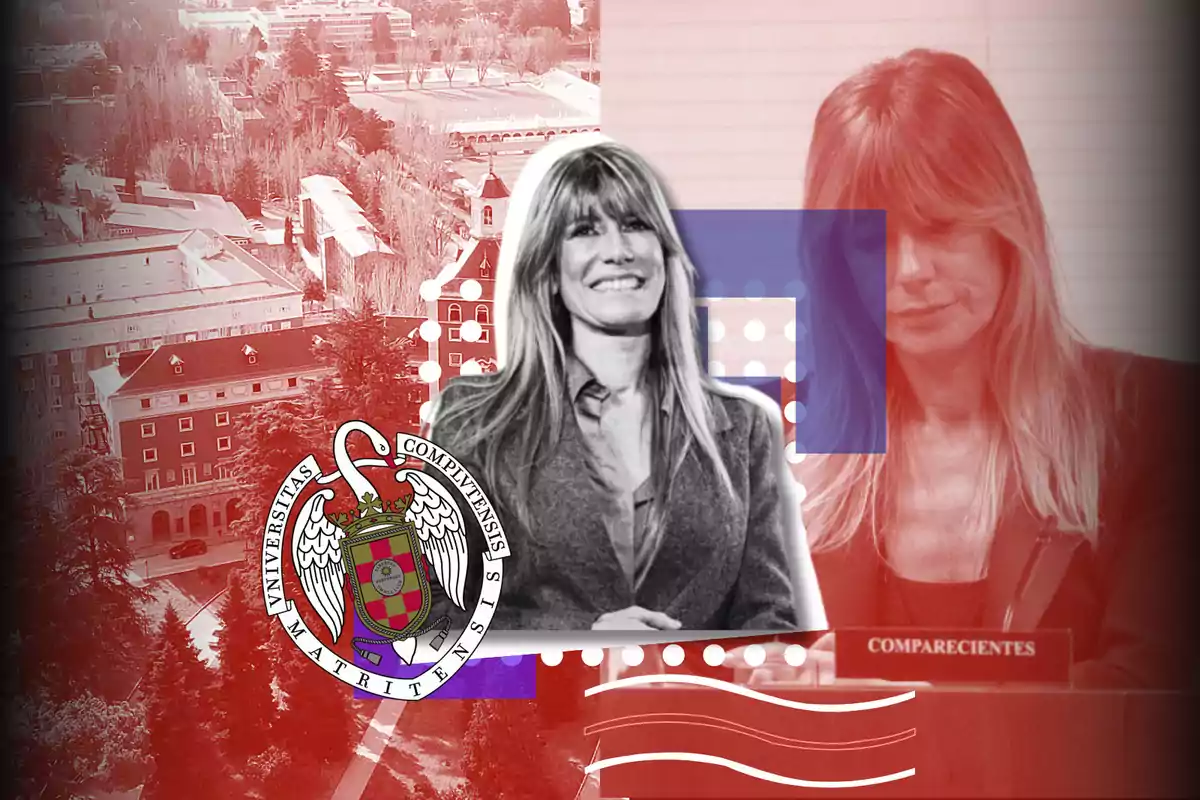 A smiling woman in a graphic montage with the emblem of the Complutense University of Madrid and a background of buildings.