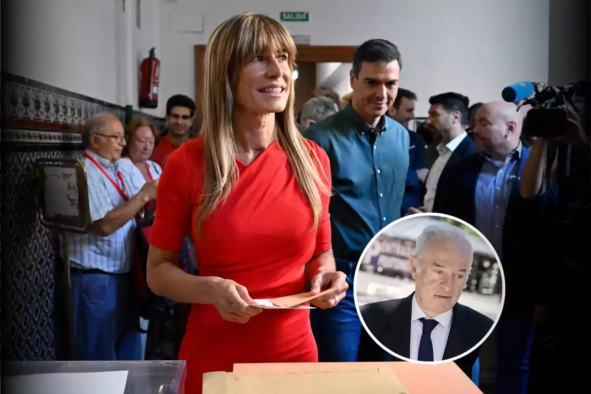 Una mujer con vestido rojo sostiene un sobre mientras está rodeada de personas en un lugar de votación; en la esquina inferior derecha hay un recuadro con la imagen de un hombre mayor.