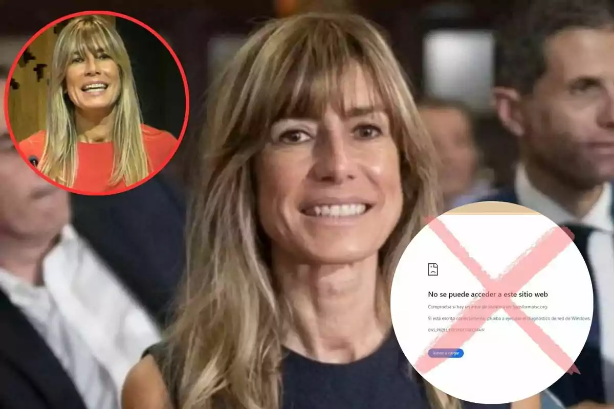 Una mujer sonriente con cabello rubio en un evento, con un recuadro rojo que muestra otra imagen de ella y un círculo con un mensaje de error de página web.