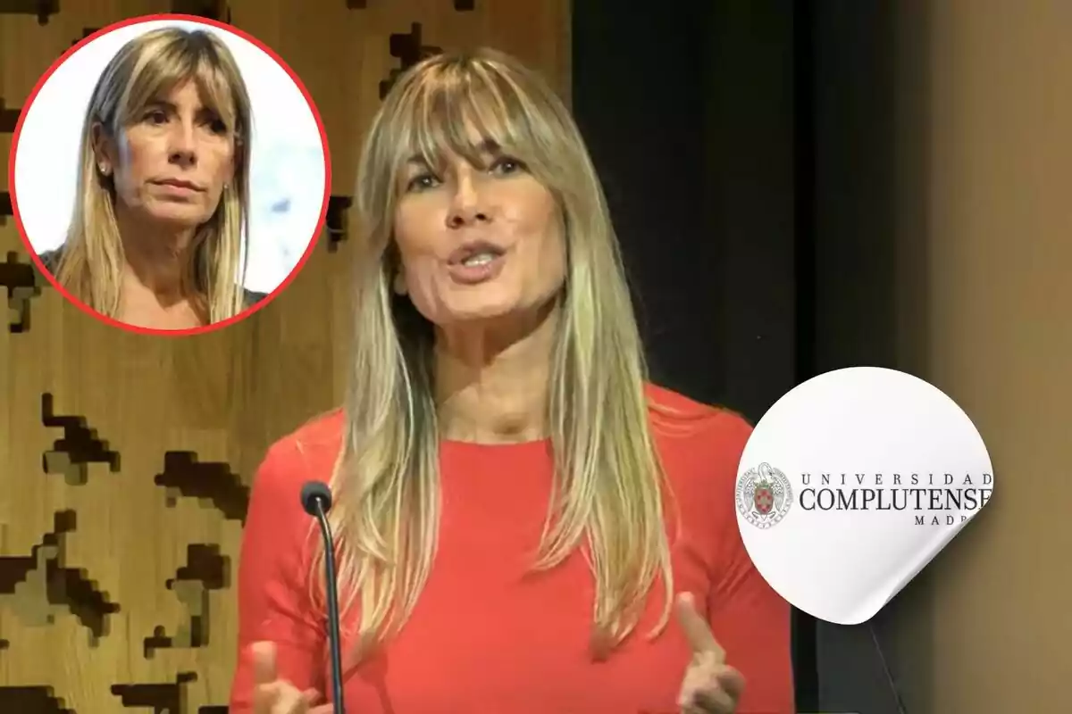 Una mujer rubia con flequillo hablando en un podio, con un recuadro en la esquina superior izquierda mostrando otra imagen de ella y un logo de la Universidad Complutense de Madrid en la esquina inferior derecha.