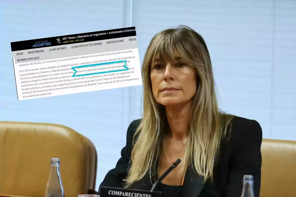 Una mujer sentada en una sala de conferencias con un documento superpuesto que contiene texto sobre su experiencia profesional.