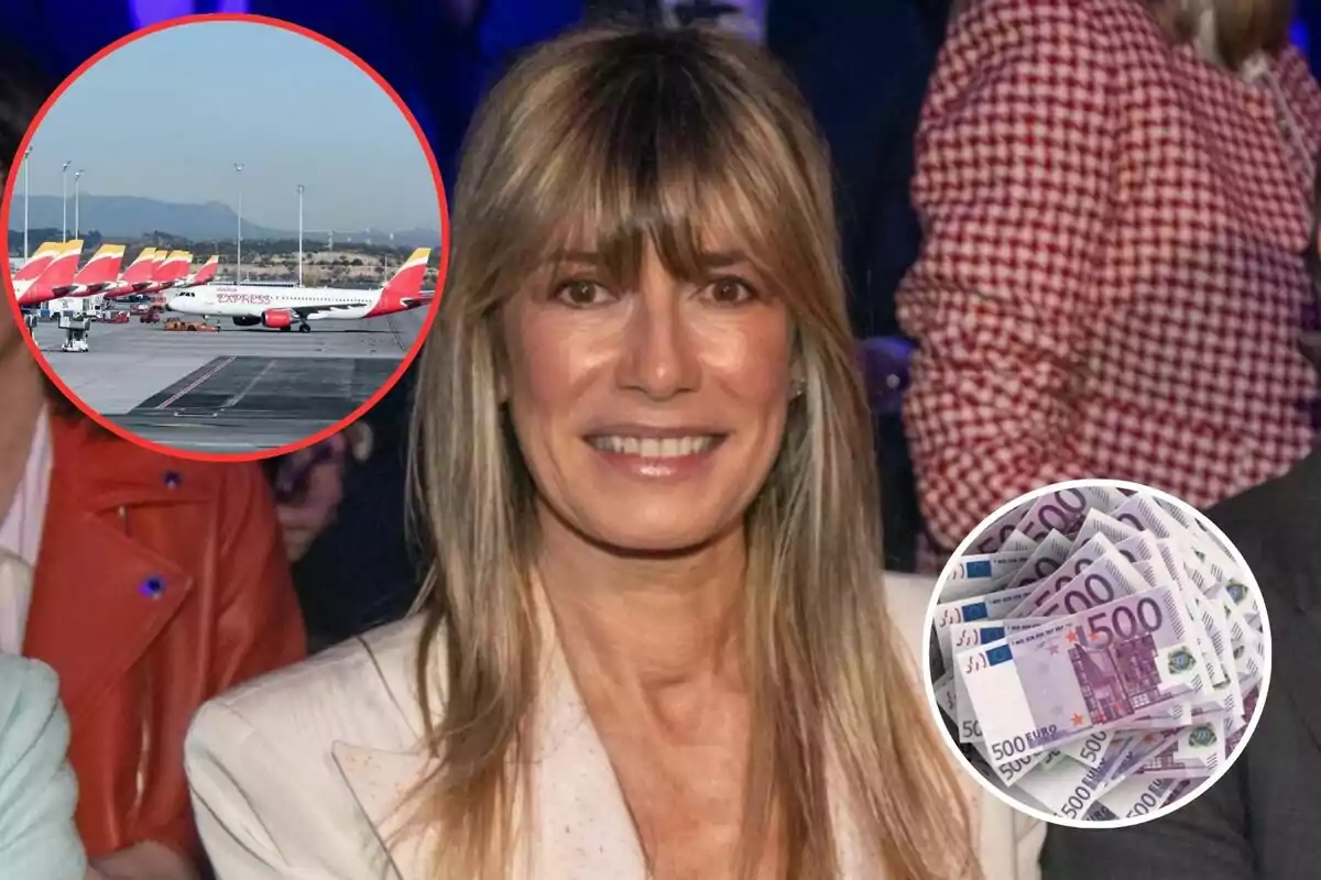 Una mujer sonriente con cabello rubio y flequillo, en un evento social, con dos imágenes superpuestas en círculos rojos: una de aviones en un aeropuerto y otra de billetes de 500 euros.