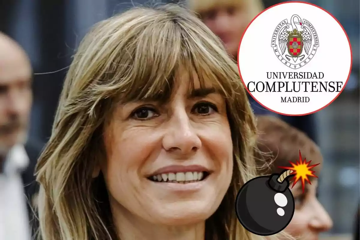 Una mujer sonriente con un logotipo de la Universidad Complutense de Madrid y un dibujo de una bomba.