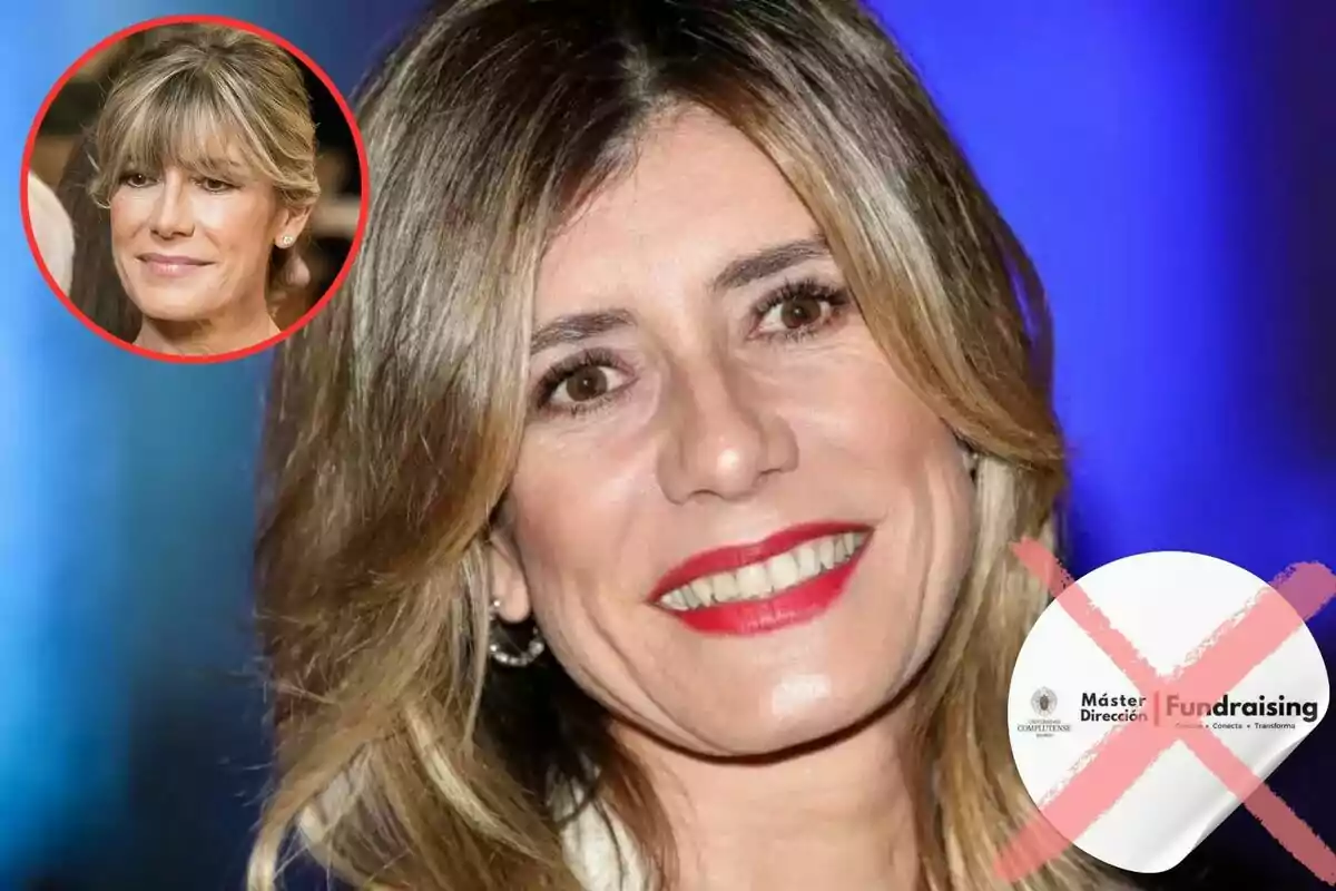 Una mujer sonriente con labios rojos y cabello rubio, con una imagen más pequeña de ella en la esquina superior izquierda y un logotipo tachado en la esquina inferior derecha.