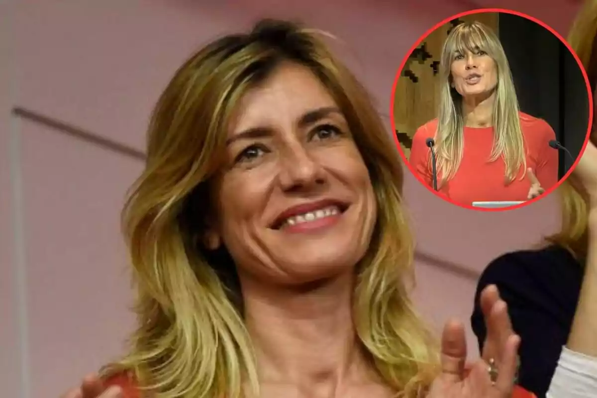 Mujer rubia sonriendo con una imagen insertada en la esquina superior derecha de otra mujer rubia hablando en un podio.