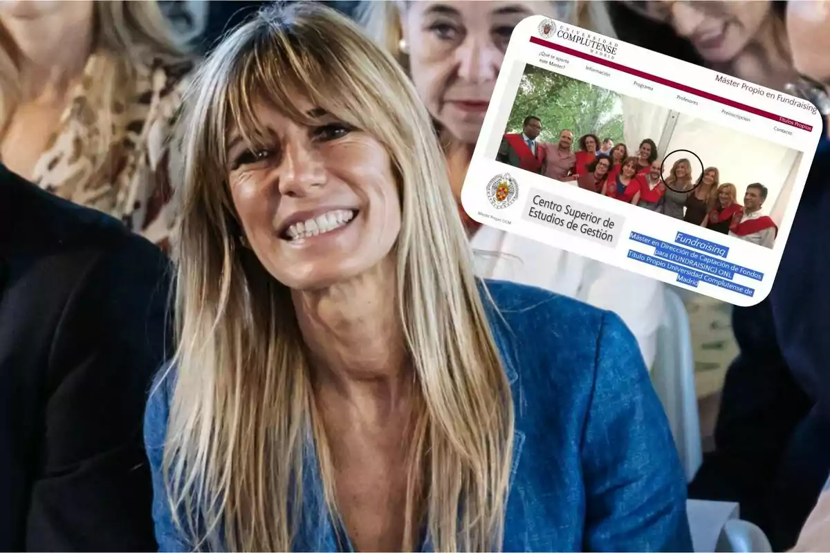 Una mujer sonriente con cabello rubio y flequillo, vestida con una chaqueta azul, está sentada entre otras personas. En la esquina superior derecha de la imagen, hay una captura de pantalla de una página web de la Universidad Complutense de Madrid, específicamente del Centro Superior de Estudios de Gestión, que muestra a un grupo de personas con togas rojas y negras.