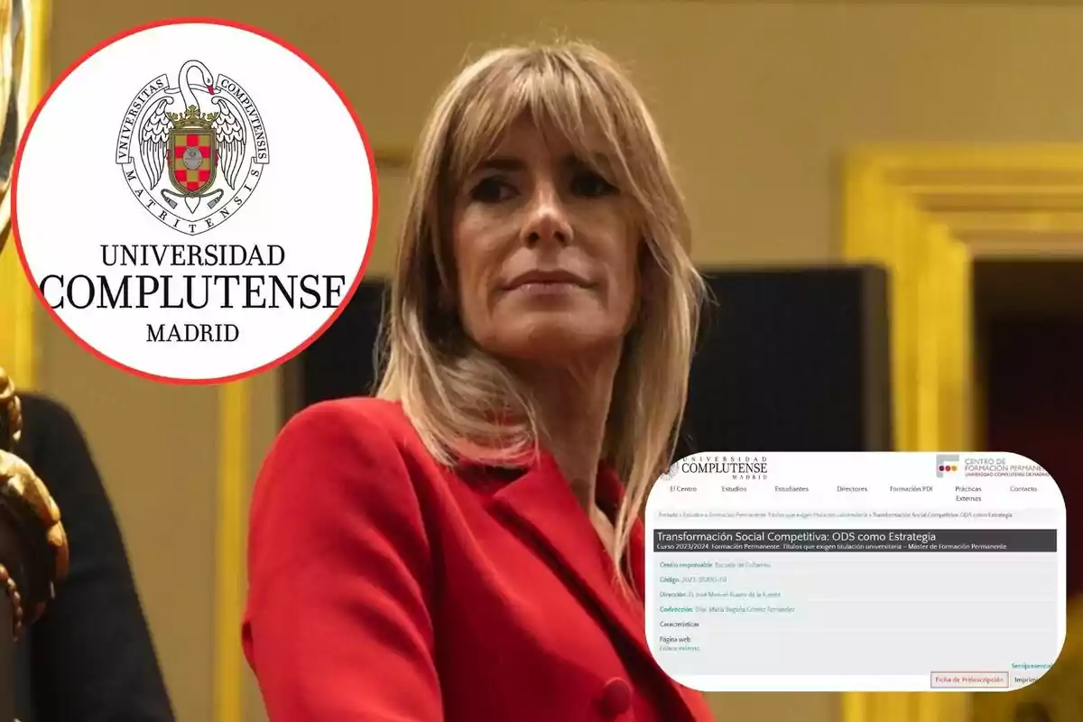 Una mujer con un traje rojo aparece en la imagen junto al logotipo de la Universidad Complutense de Madrid y una captura de pantalla de un curso titulado "Transformación Social Competitiva: ODS como Estrategia".