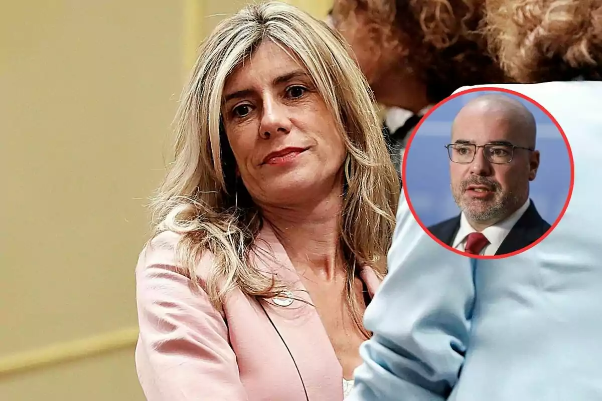 Una mujer con cabello rubio y expresión seria está en primer plano mientras un hombre con gafas y barba aparece en un círculo rojo en la esquina de la imagen.