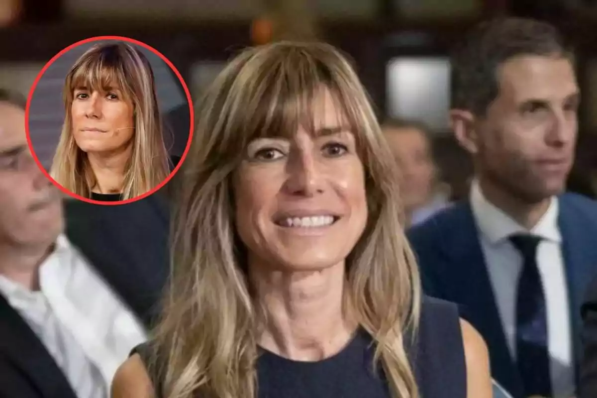 Una mujer sonriente con cabello largo y rubio en un entorno formal, con un recuadro que muestra un primer plano de la misma persona.