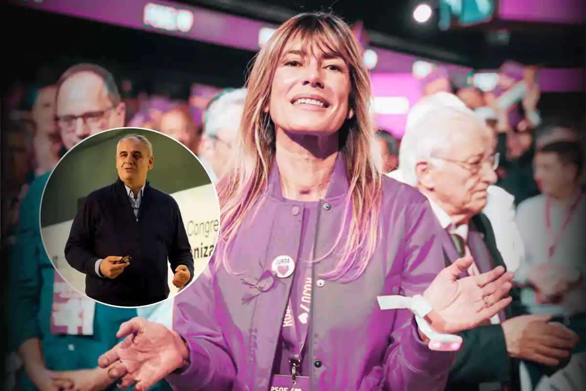 Mujer sonriente con chaqueta morada en un evento, rodeada de personas, con un recuadro que muestra a un hombre hablando en una conferencia.
