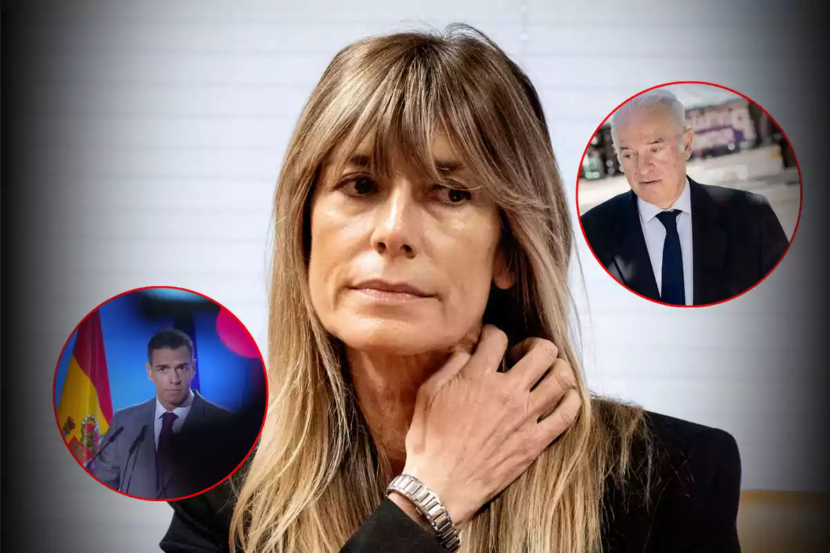 Mujer de cabello rubio y expresión seria en primer plano con dos hombres en círculos rojos al fondo uno con traje oscuro y corbata azul y otro frente a un micrófono con bandera de España detrás