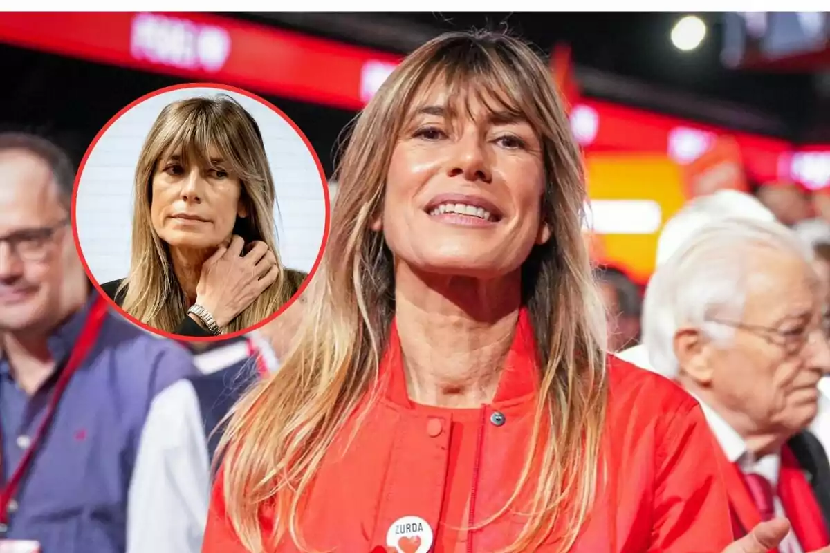 Una mujer sonriente con chaqueta roja en un evento, con un recuadro que muestra su rostro en otra expresión.