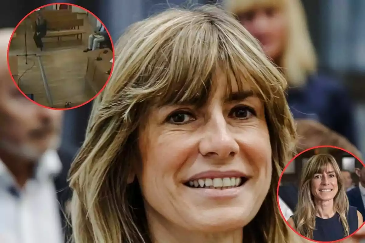 Una mujer sonriente con cabello rubio y flequillo, con dos imágenes circulares en las esquinas superiores que muestran diferentes ángulos de la misma persona en un entorno interior.