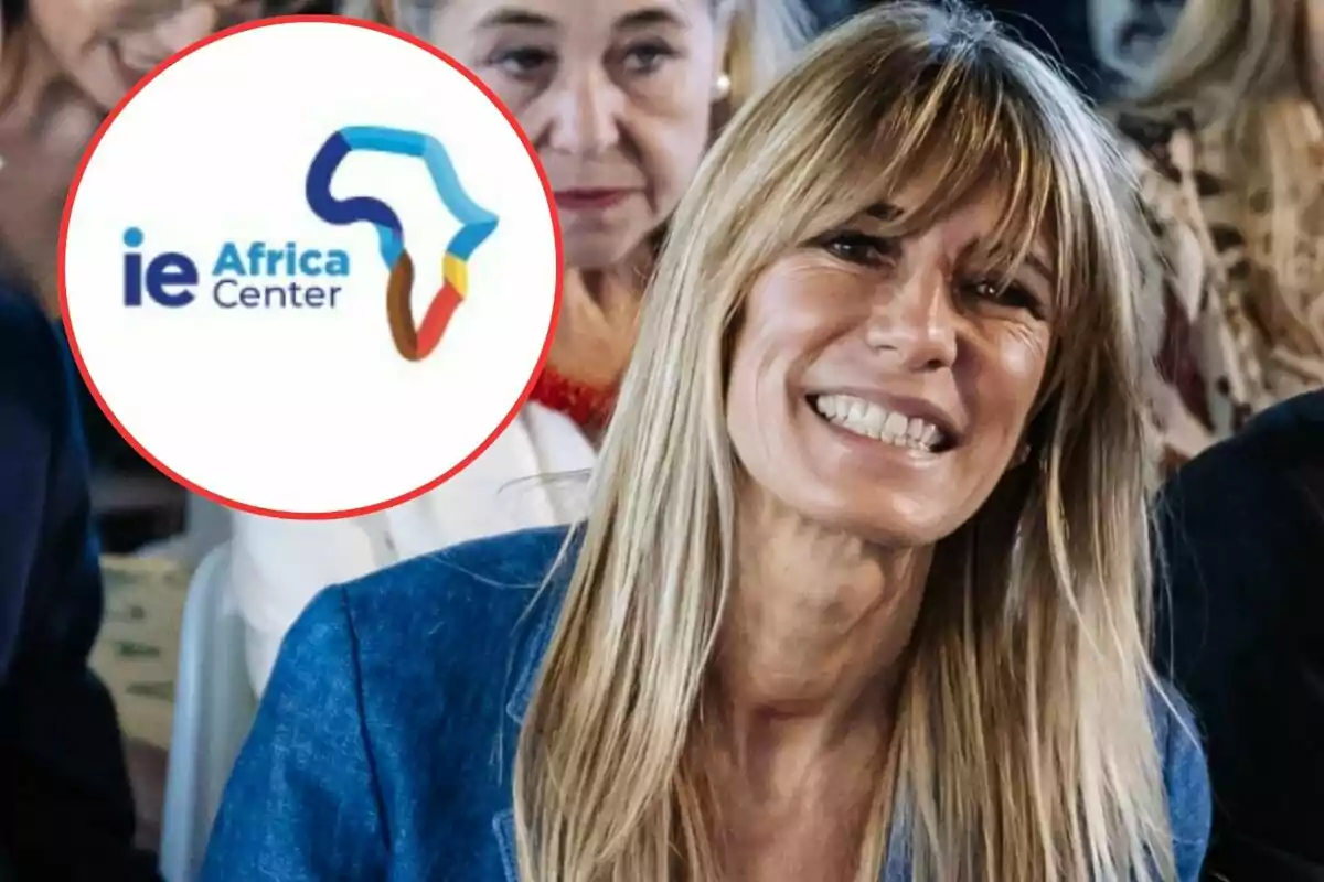 Mujer sonriendo con un logotipo del IE Africa Center en un círculo rojo a la izquierda.