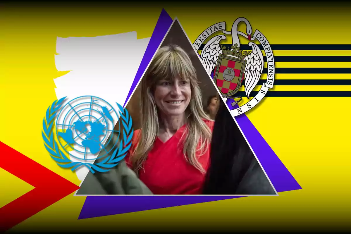 Una mujer sonriente con cabello rubio y una camiseta roja está en el centro de un diseño triangular, rodeada por el logotipo de la ONU y el escudo de la Universidad Complutense sobre un fondo amarillo con detalles en rojo y azul.