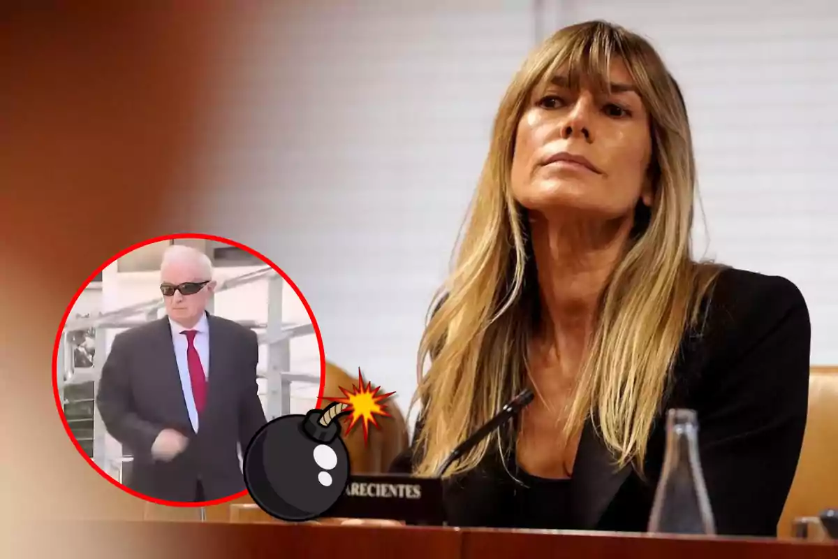 Una mujer con cabello rubio y expresión seria está sentada en una sala, mientras que en un círculo rojo aparece un hombre mayor con gafas de sol y traje oscuro, junto a un dibujo de una bomba.