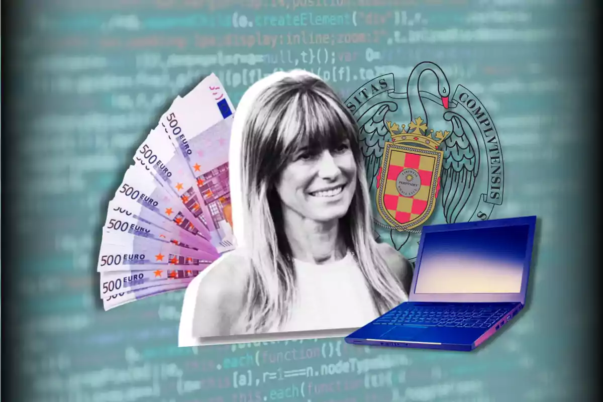 Una mujer sonriente en blanco y negro con un abanico de billetes de 500 euros un portátil azul y un escudo universitario sobre un fondo de código de programación.