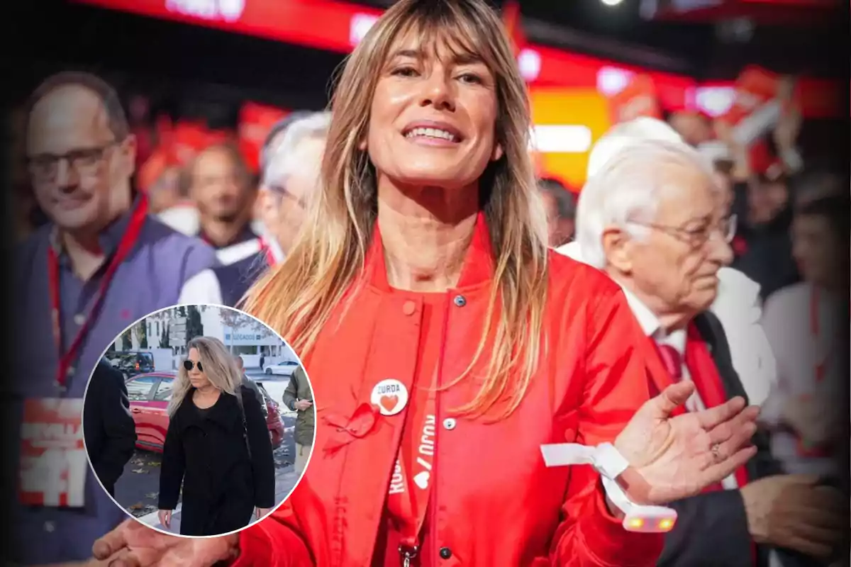 A woman in a red jacket smiles at an event with many people in the background, while in an inset another woman is shown walking on the street with sunglasses and a black coat.