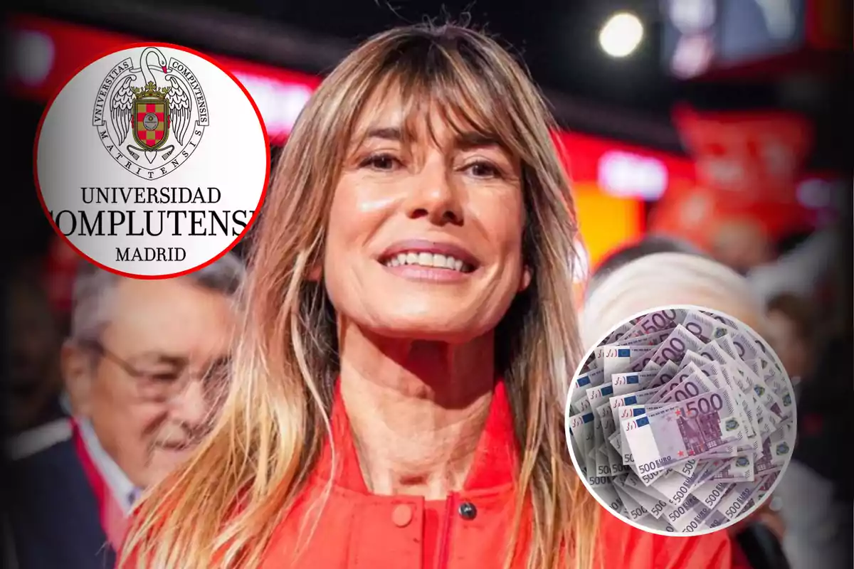 Una mujer sonriente con un fondo rojo, el logo de la Universidad Complutense de Madrid y una imagen de billetes de 500 euros.