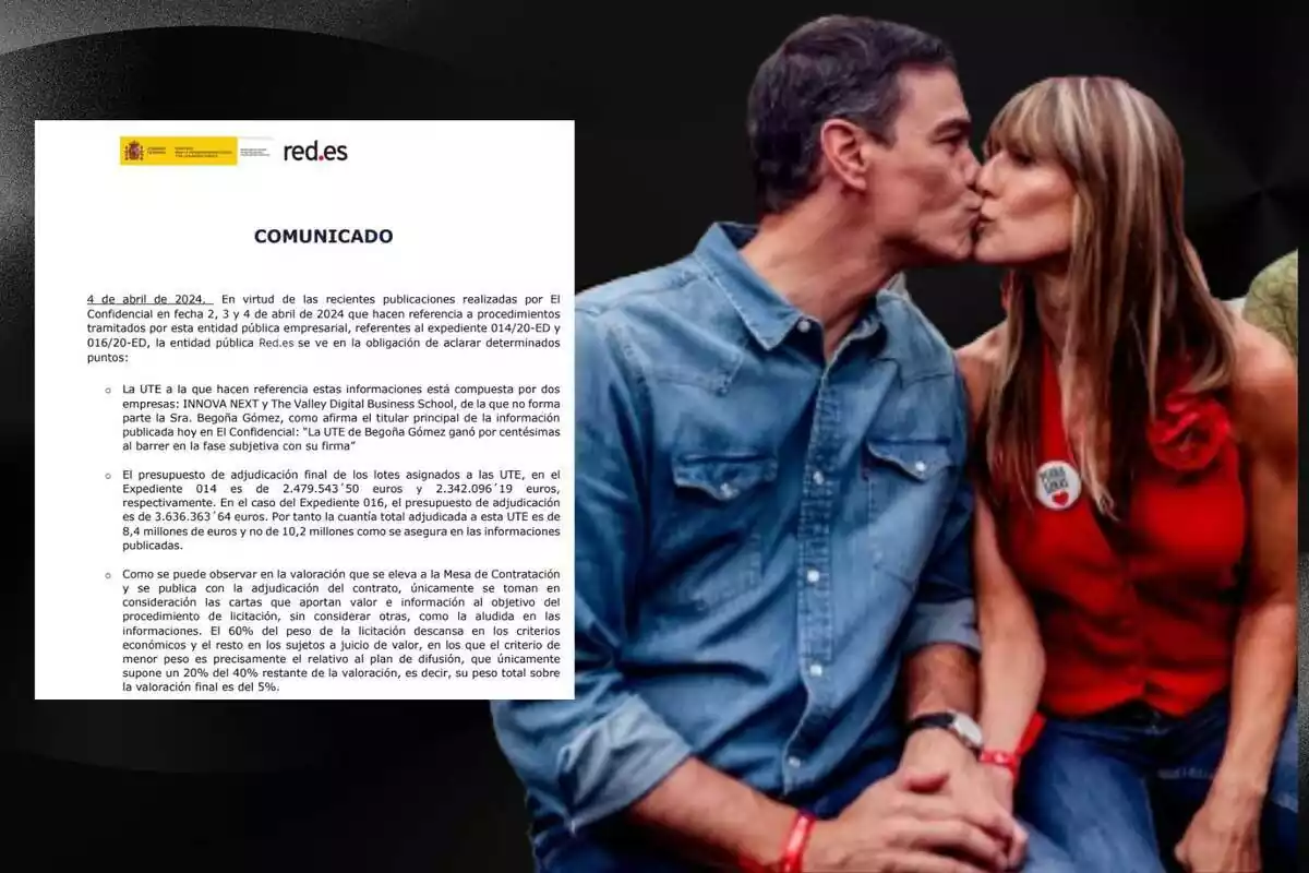 Collage de Begoña Gómez y Pedro Sánchez besándose junto con el comunicado del Gobierno