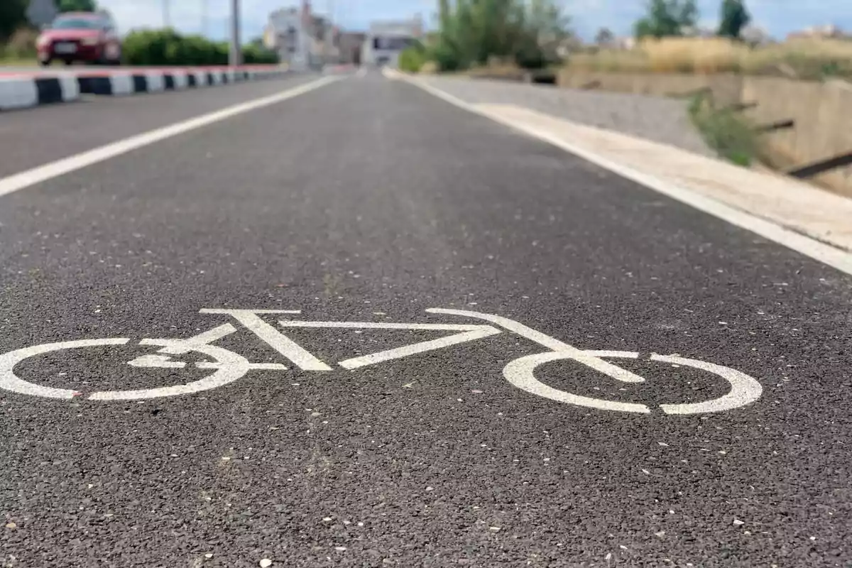 Carril bici asfaltado con el símbolo de una bicicleta pintado en el suelo
