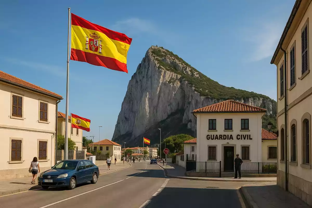 Bandera de España ondeando en una calle con edificios oficiales y el Peñón de Gibraltar al fondo