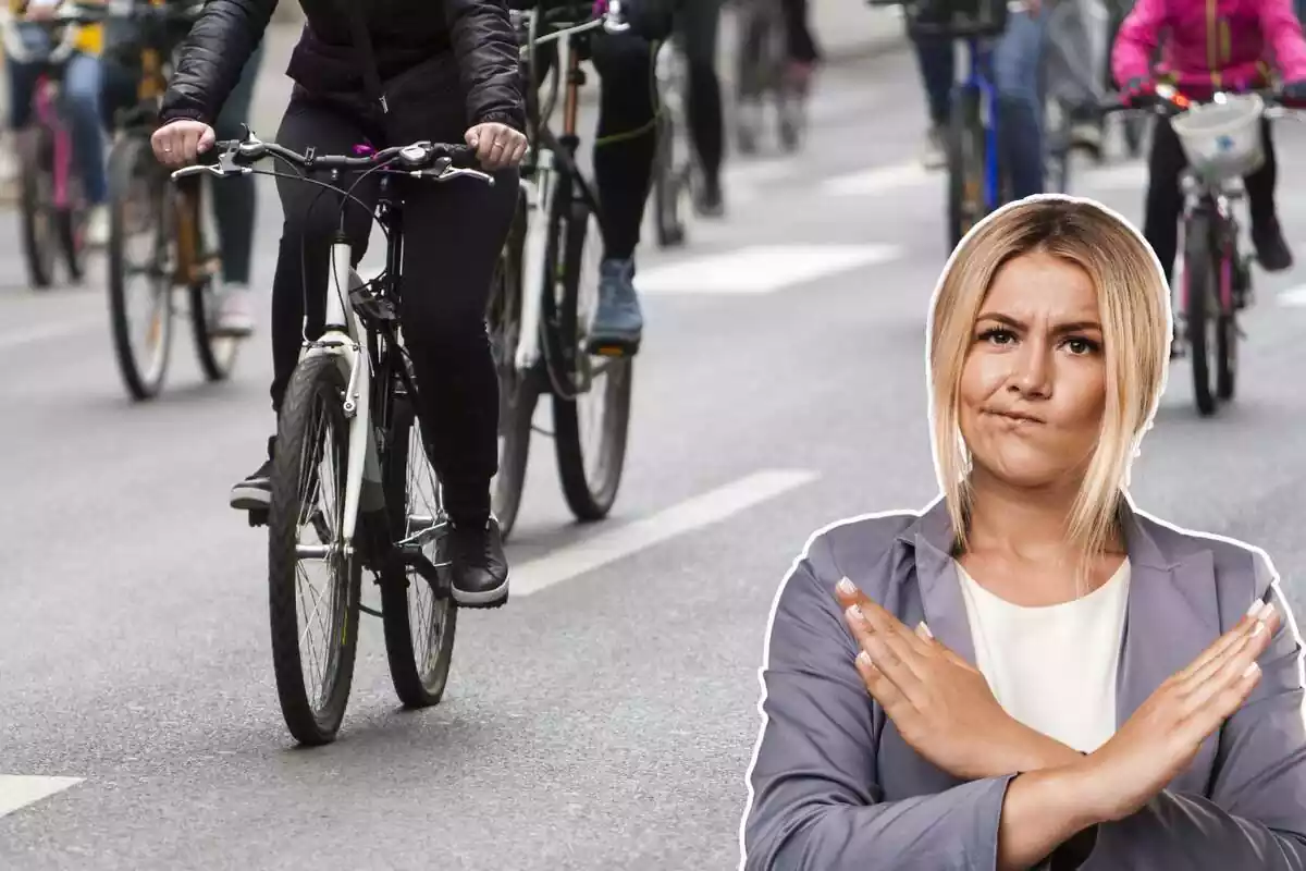 Montaje con una imagen de varias personas yendo en bici y una mujer haciendo el gesto de prohibido