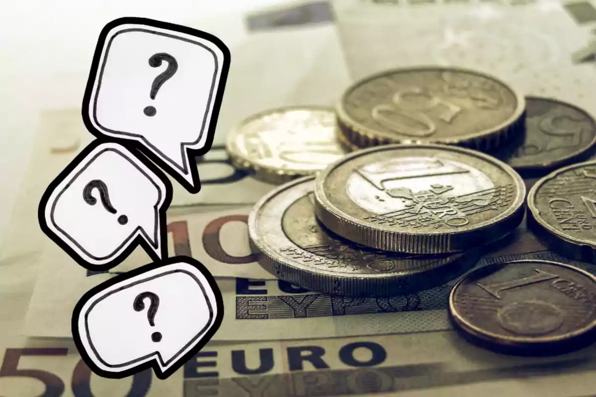 Monedas y billetes de euro con burbujas de diálogo con signos de interrogación.