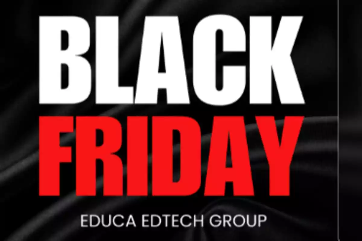 Texto promocional de Black Friday sobre fondo negro con letras blancas y rojas.