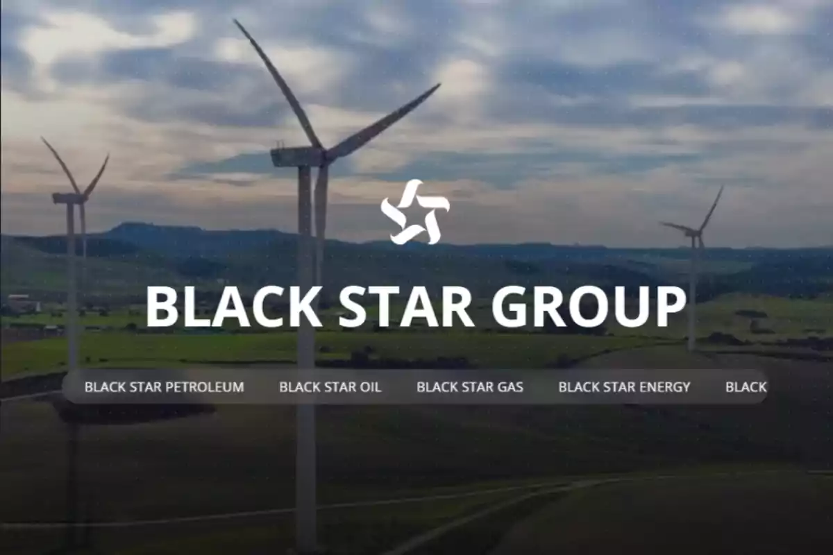 Imagen de aerogeneradores en un paisaje verde con el texto Black Star Group y varias opciones de energía.